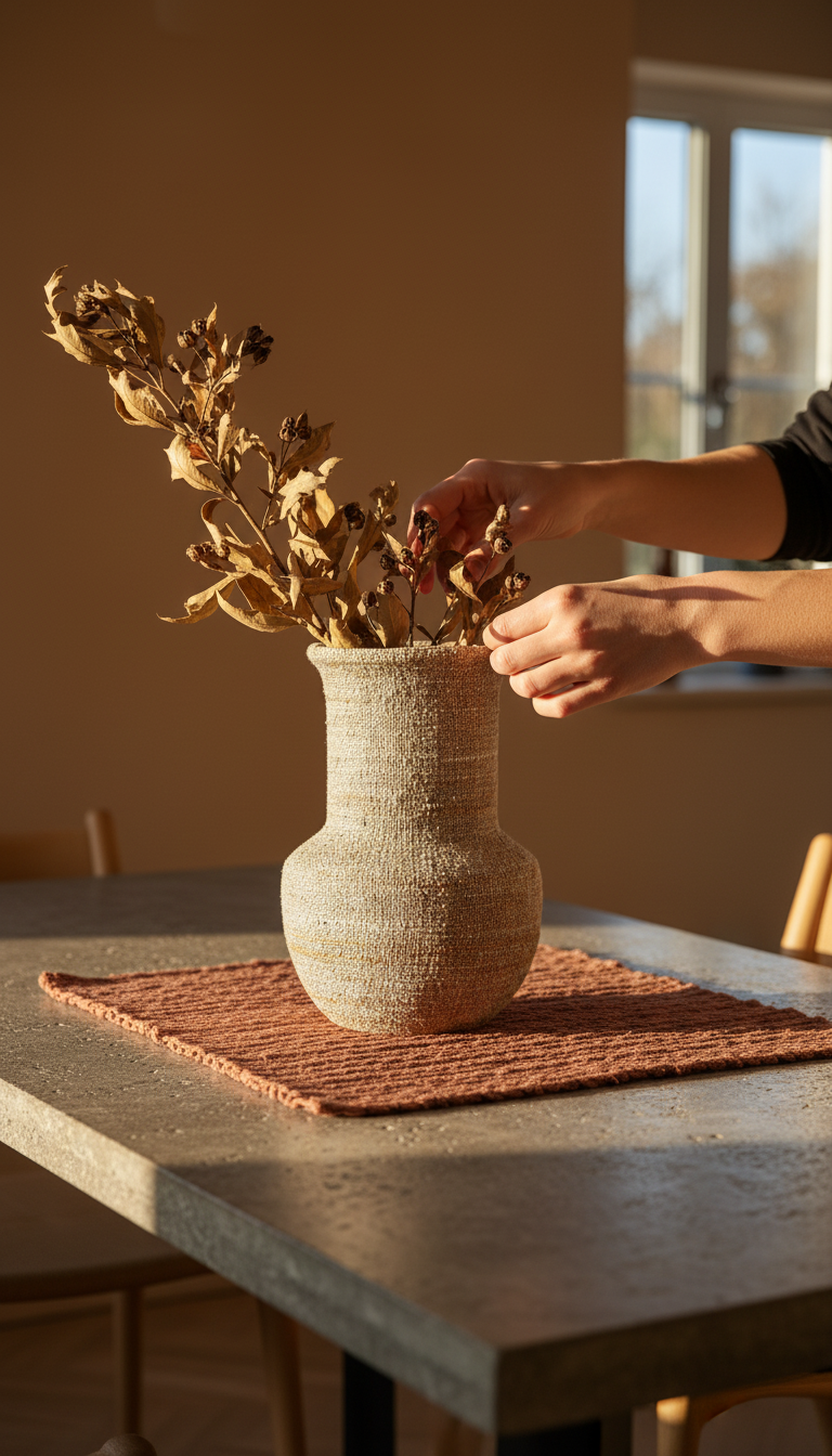 Hand-poured soy candle in stoneware vessel in use
