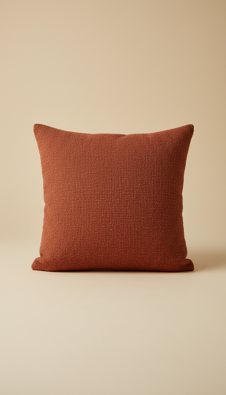 A vibrant terracotta throw pillow, perfectly centered on a soft sand background. The pillow's rich color and texture are...