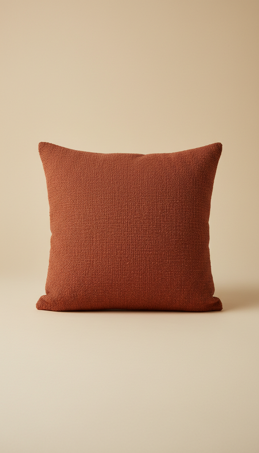 A vibrant terracotta throw pillow, perfectly centered on a soft sand background. The pillow's rich color and texture are...