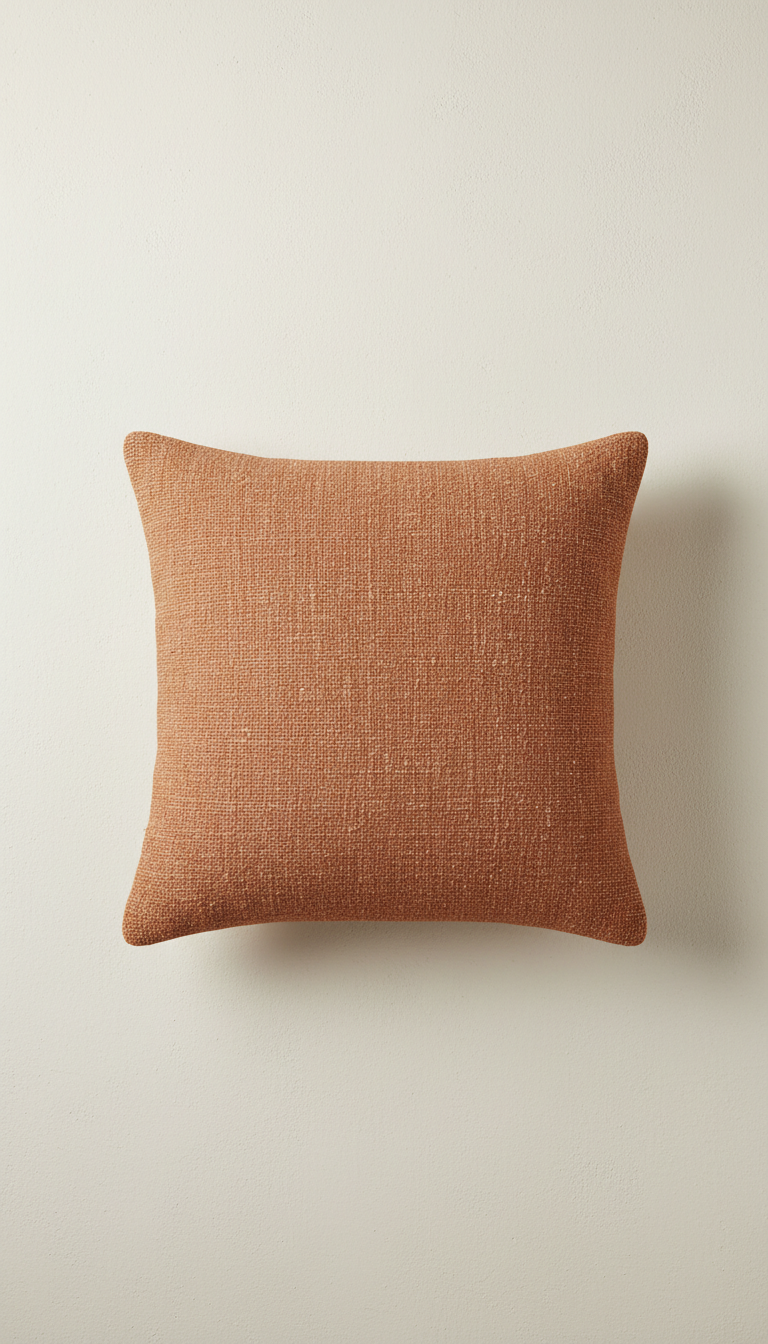 A textured cushion cover in earthy clay, perfectly centered both horizontally and vertically. The cushion cover is...