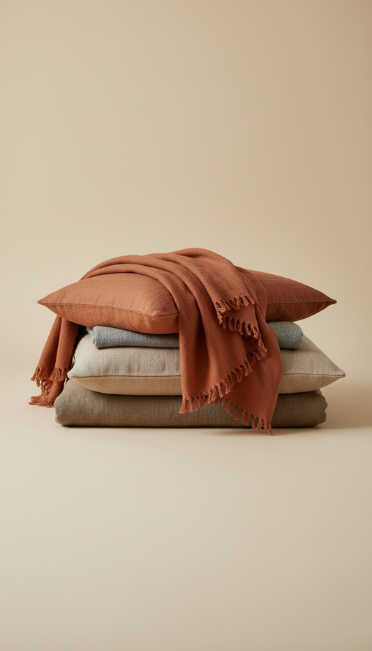 Burnt terracotta linen throw, 3/4 angle as default for bedding stacks, throws, and cushions — allows depth and reveals...