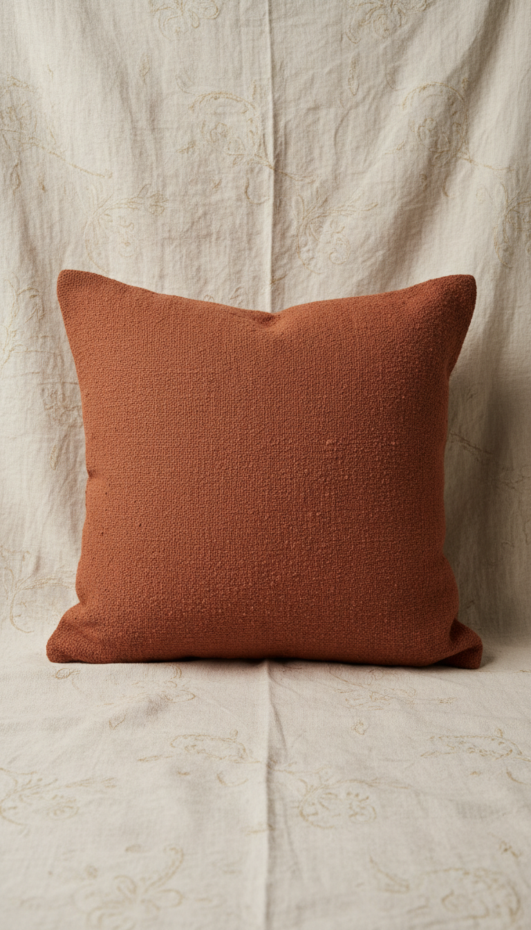 A terracotta clay cushion is centered against an antique linen backdrop, showcasing its rich color and texture. The...