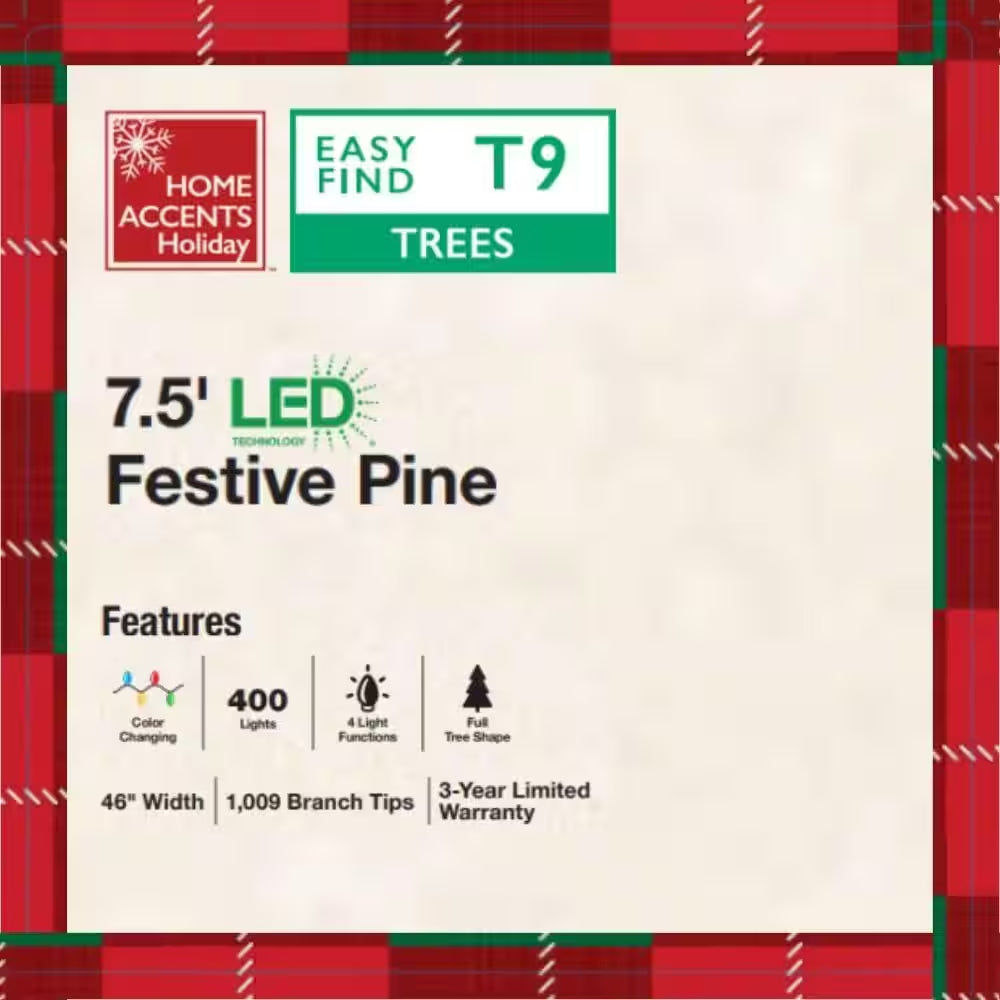 7.5 Ft Festive Pine LED Pre-Lit Artificial Christmas Tree T9
