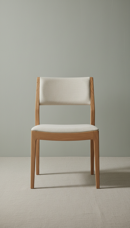 Oak timber dining chair, Hero products at a clean 3/4 angle on matte neutral surfaces (Bone White or Natural Linen),...