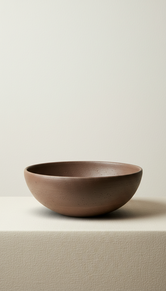 Espresso clay serving bowl, Default angle: slightly elevated three-quarter view to showcase silhouette and tactile finish....