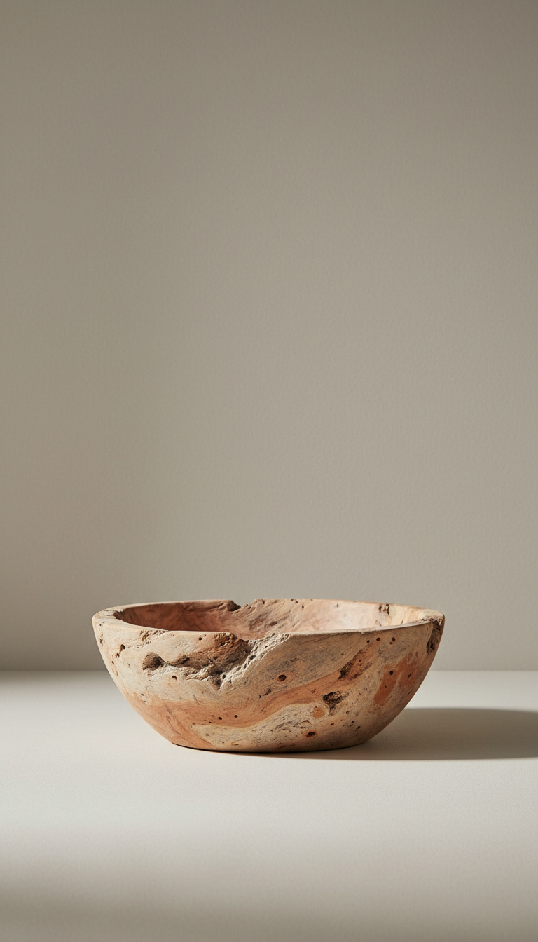 A natural wooden bowl from Kristyn Living, centered against a clean, neutral backdrop. The bowl's driftwood and earthy...
