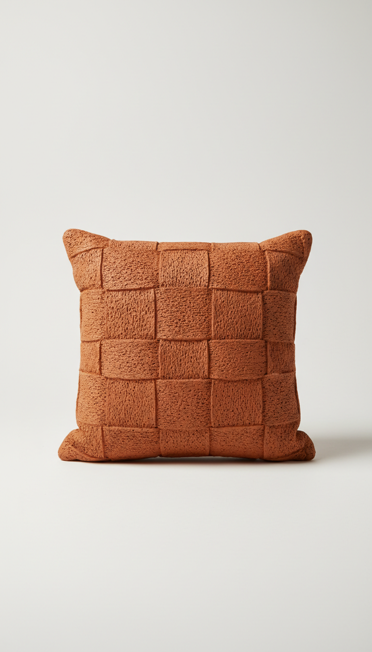 Handcrafted terracotta cushion, ideally in 'White Smoke' or 'Light Grey', to maintain focus on the products. Arrange...