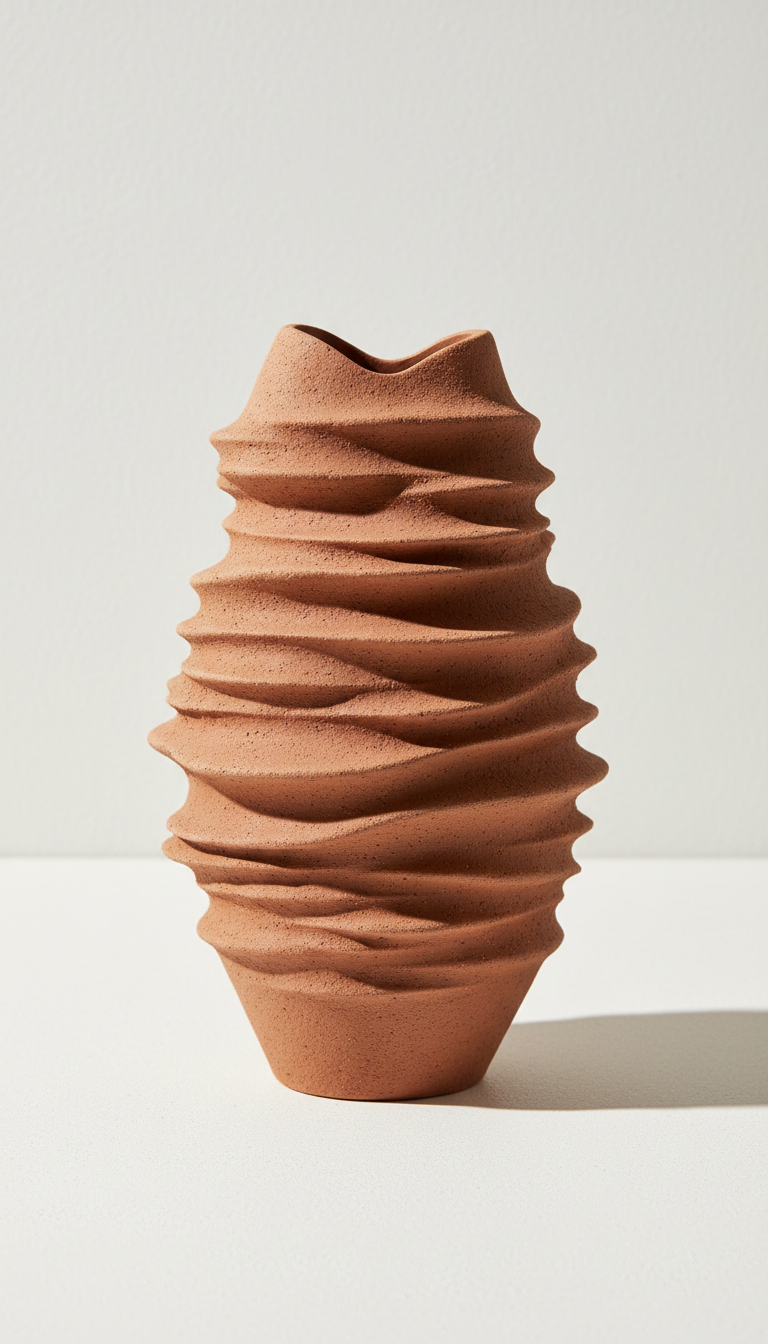 A Terracotta sculptural vase from Modern Strata is centered in the frame, geometric forms with intricate layers inspired...