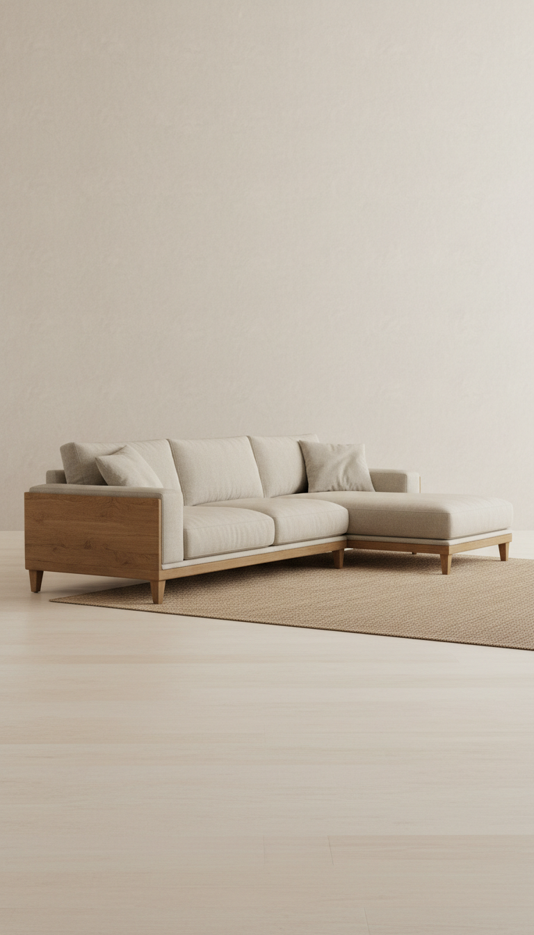 Belgian linen sectional sofa, Default to 3/4 angle for hero product shots (sofas/chairs), shot at seated eye-level to...