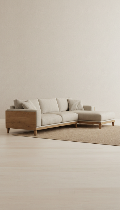 Belgian linen sectional sofa, Default to 3/4 angle for hero product shots (sofas/chairs), shot at seated eye-level to...