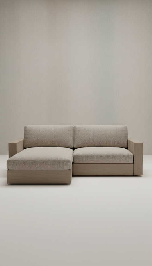 Modular taupe oak sofa, folded throw or book) for scale and warmth. Backgrounds remain unobtrusive but textured—e.g.,...