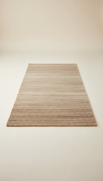 Warm Sand New Zealand wool runner, Shoot rugs at a 3/4 angle from low height to showcase both surface texture and edge...