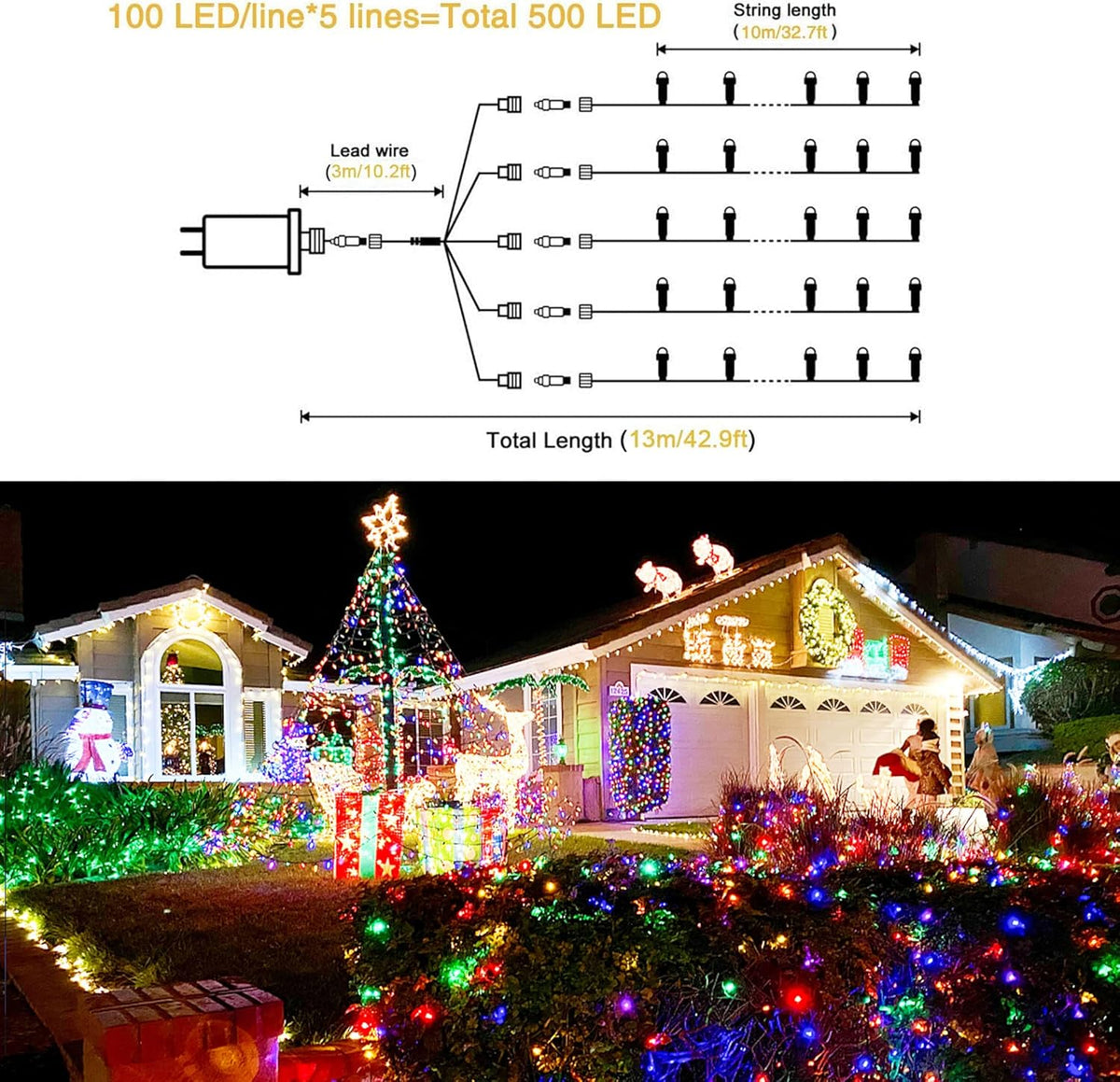 500 LED Multicolor Christmas Tree Lights Plug In