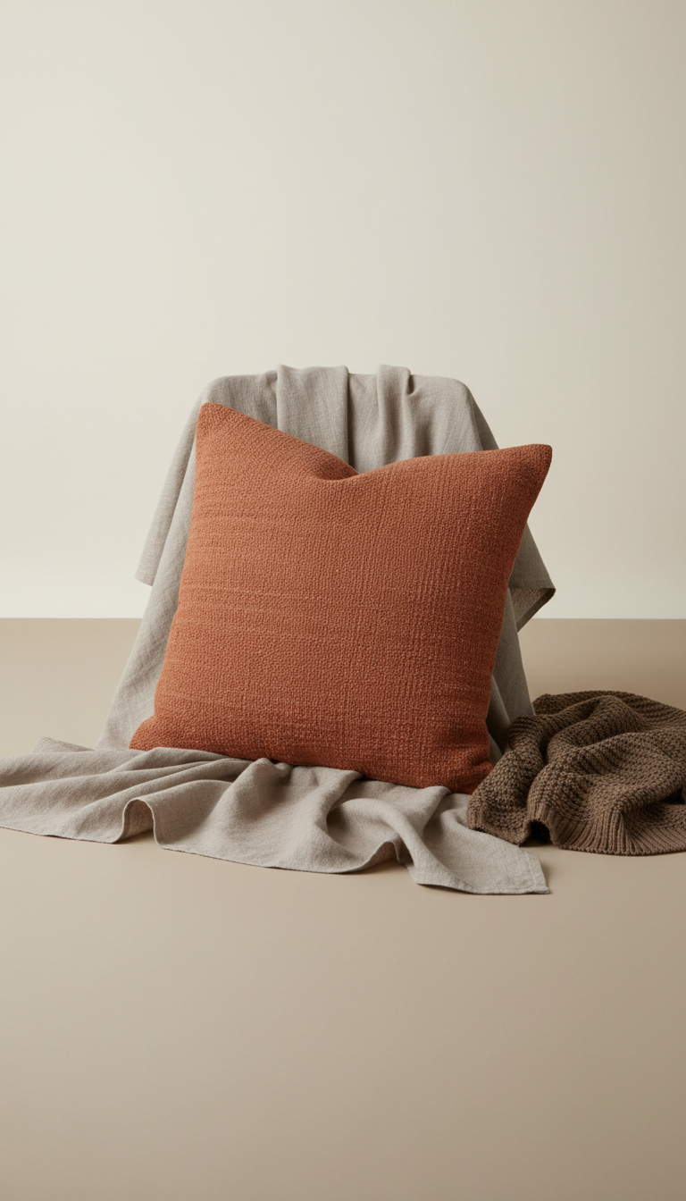 Terracotta throw pillow, Capture textiles in a 3/4 angle to highlight texture and craftsmanship. Use a simple background...