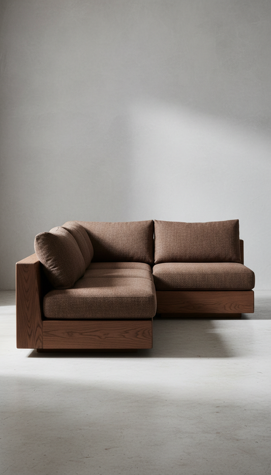 Photograph a Walnut Brown modular sofa crafted from sustainable materials, perfectly centered in the frame. Use soft, with...