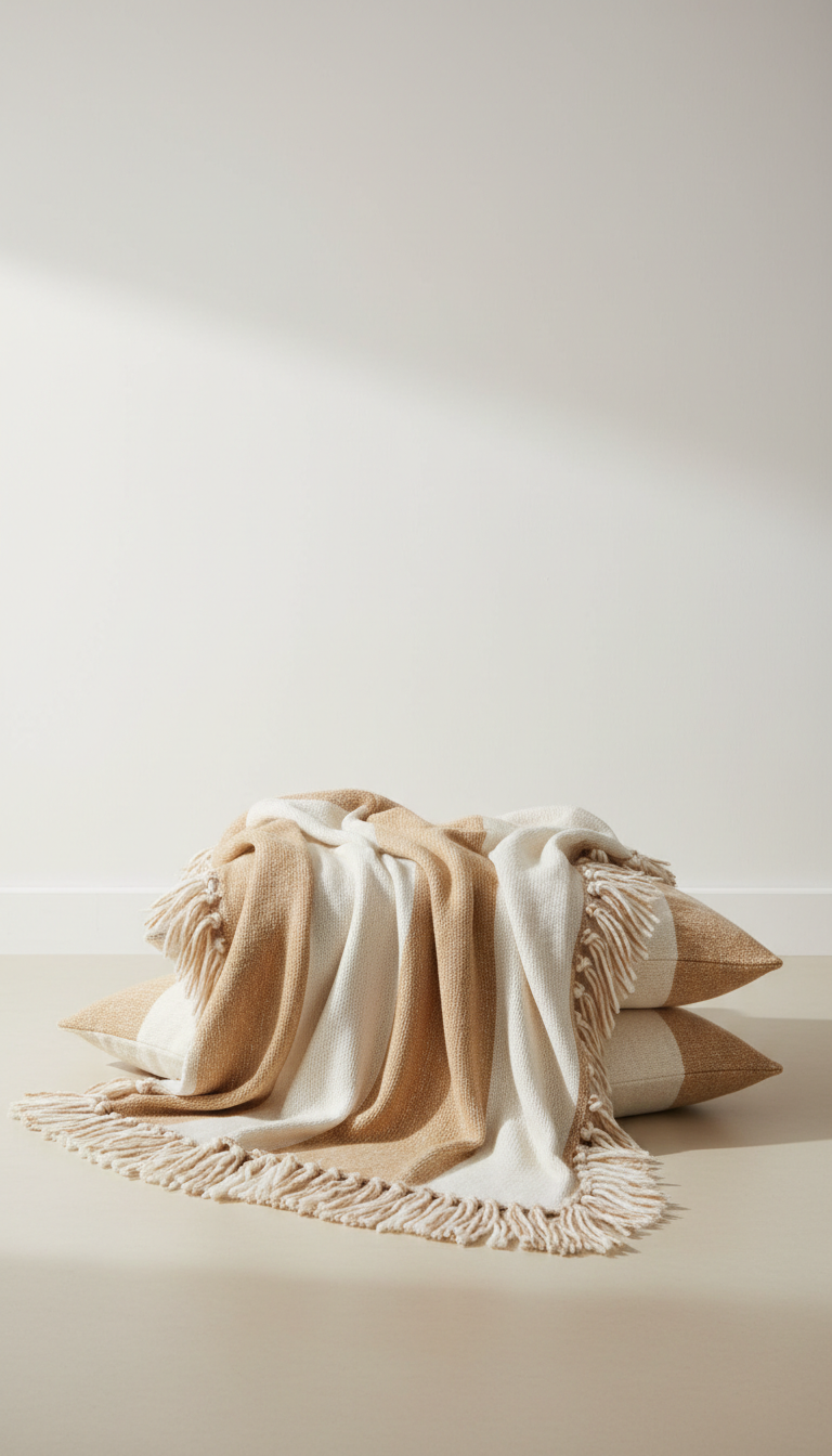 Showcase a premium blanket ensemble, centered and highlighted by soft, shadowless illumination. The neutral backdrop...