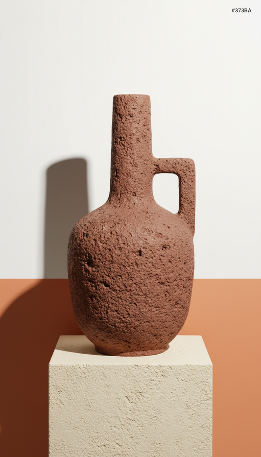 Hand-carved Collonges Red sandstone carafe, Heroic 3/4 angle as default to showcase both surface detail and sculptural...