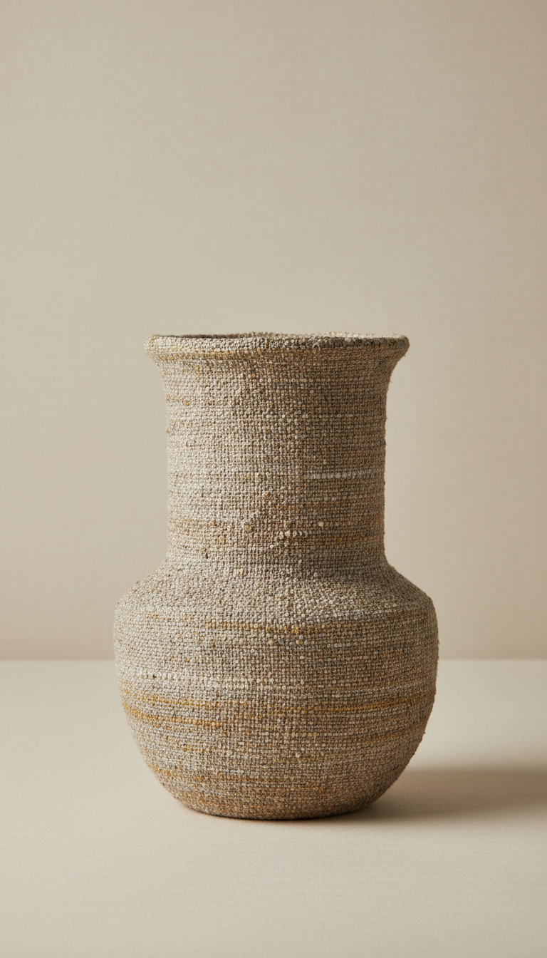 Handcrafted aged linen shelf decor vase, Default angle is a three-quarter frontal view at slight elevation, highlighting...
