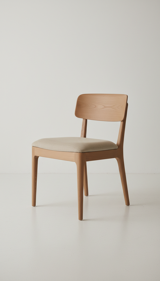 Display a refined solid wood chair in Beige, centered in the frame with a 3/4 angle view. The simple, with a subtle shadow...